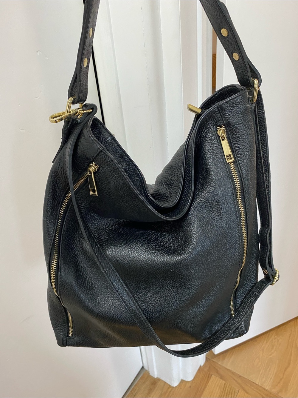 Black Leather Zip-Accent Shoulder Bag